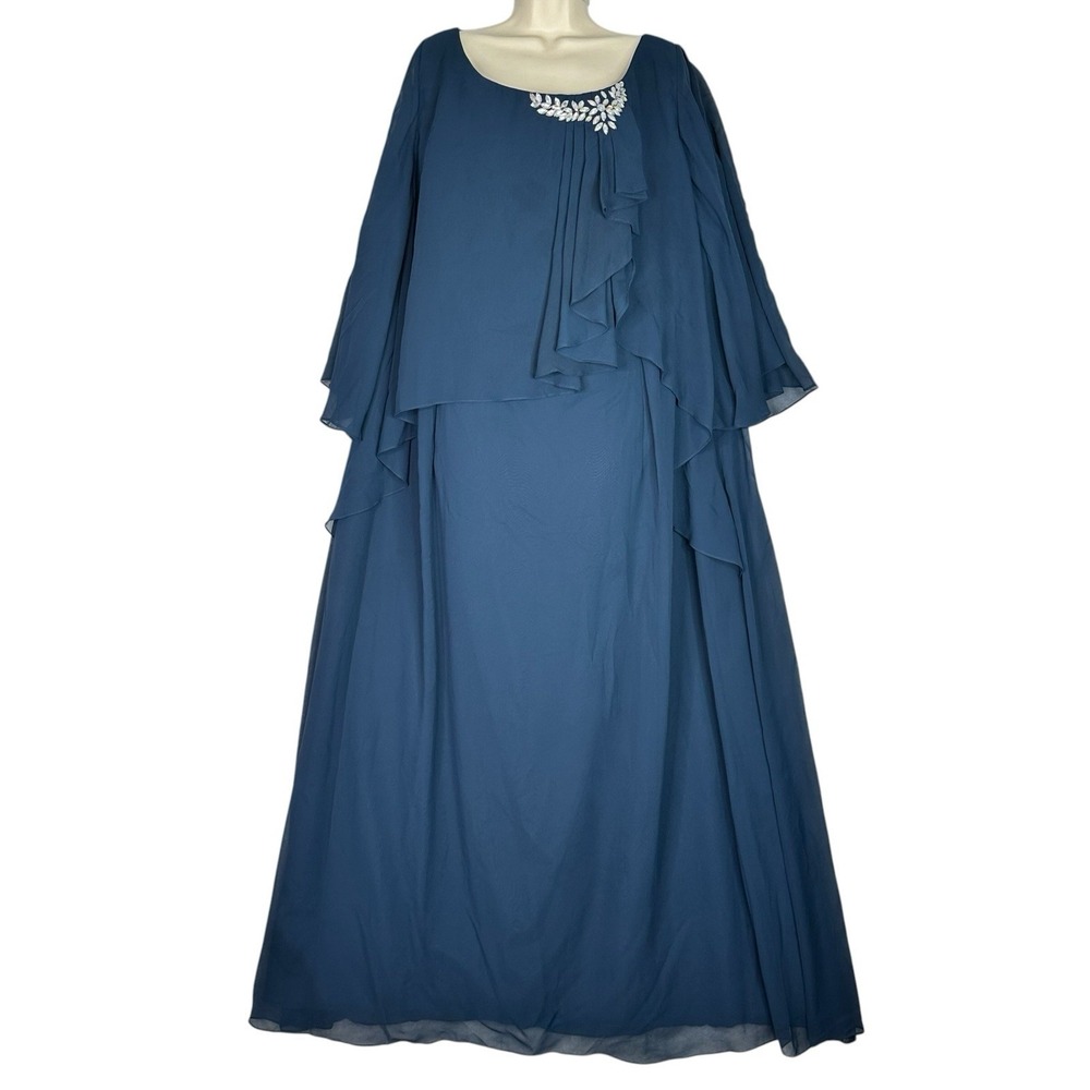 Azazie A28 Dusty Blue Chiffon Formal Maxi Dress Cape Overlay Beaded Neck Plus